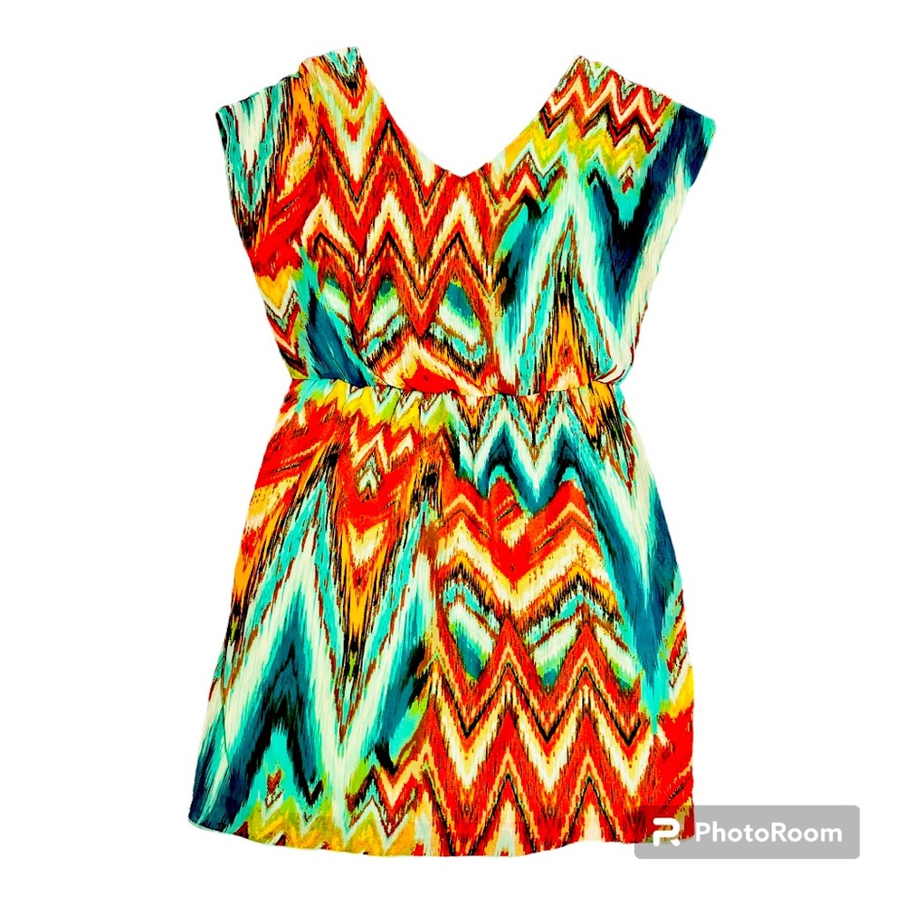Chevron Multi-coloured V-Neck Mini Dress Sz 10
